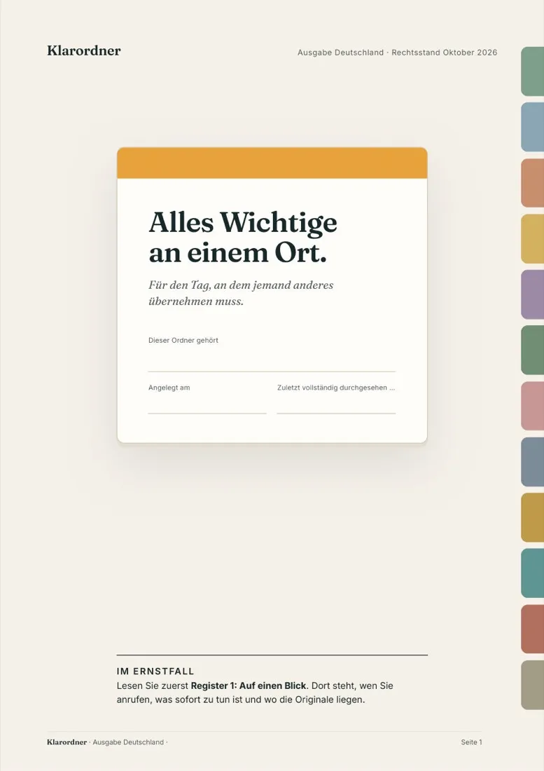 Deckblatt des Klarordners, Ausgabe Deutschland, mit farbigen Registerreitern